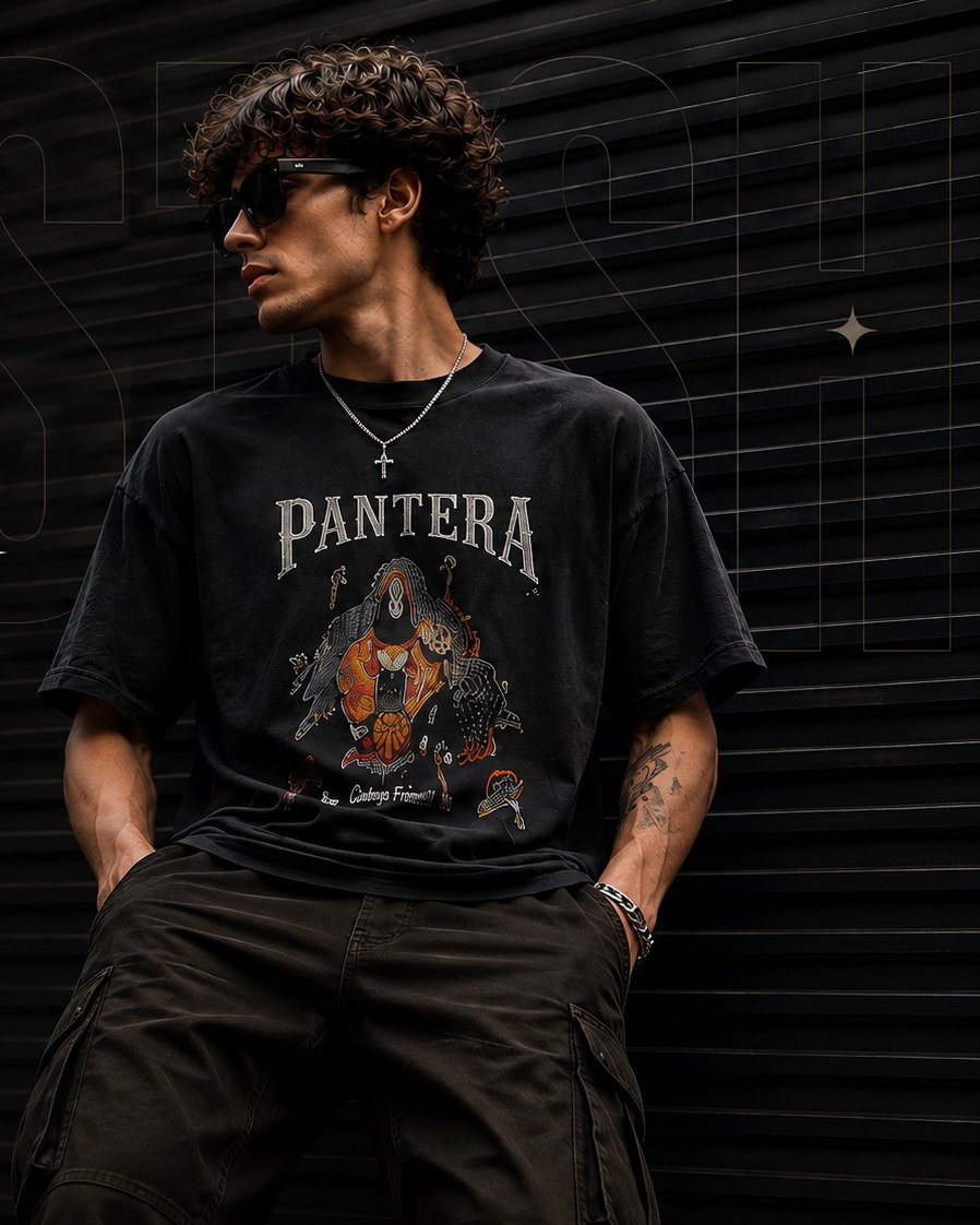 STSH curated streetwear hero — model in oversized graphic tee and cargo pants, part of the current verified drop
