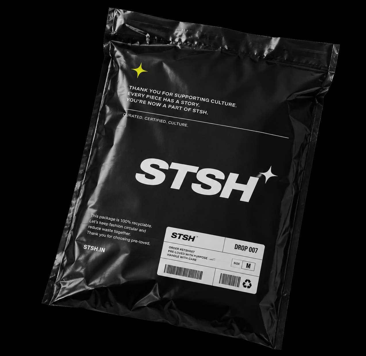 STSH branded shipping mailer, printed with the STSH wordmark and Curated. Certified. Culture.